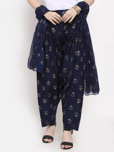 Navy blue printed salwar dupatta set, cotton fabric, stylish and fashionable.