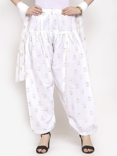 White printed salwar dupatta set in cotton fabric, fashionable with solid colored kurta.