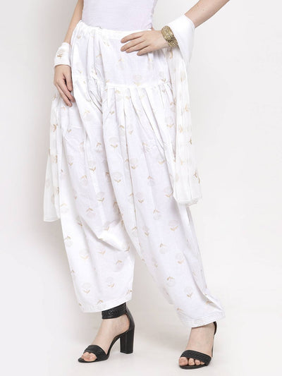 White printed salwar dupatta set made from cotton, paired with solid colored kurta.