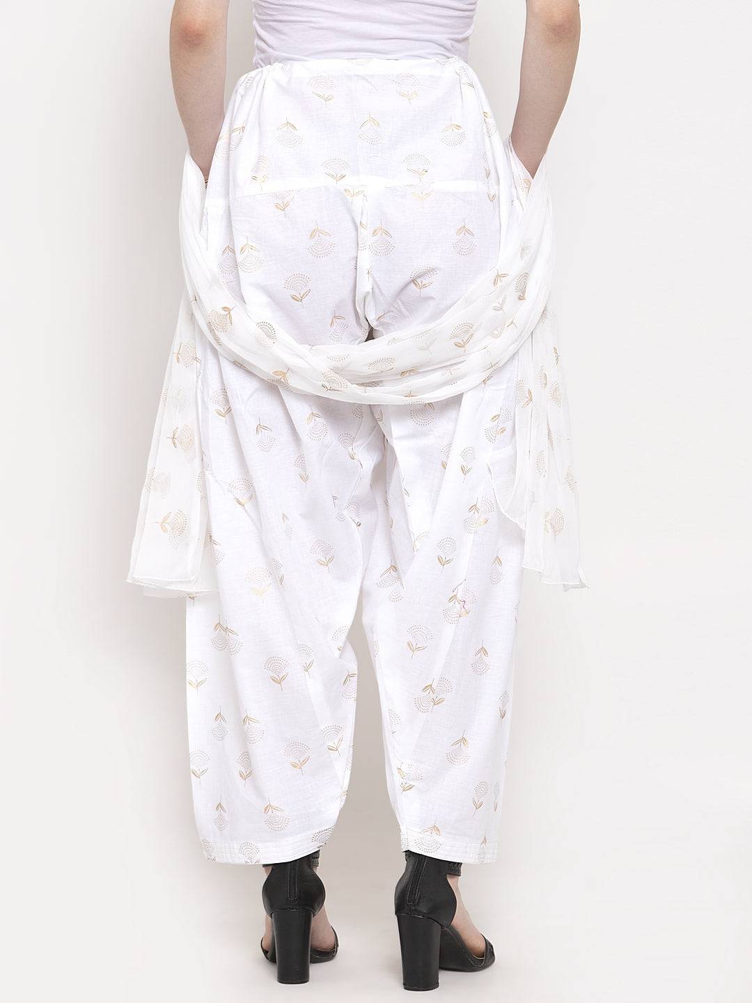 White printed salwar dupatta set made from cotton fabric.