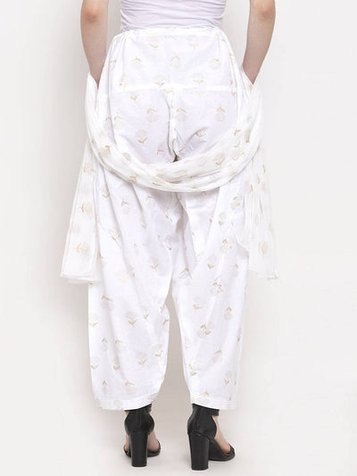 White printed salwar dupatta set made from cotton fabric.