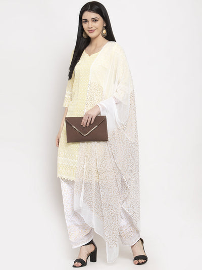 White printed salwar dupatta set in cotton fabric, enhancing solid kurtas with fashionable design.