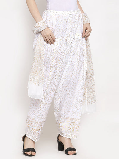 White printed salwar dupatta set in cotton fabric.