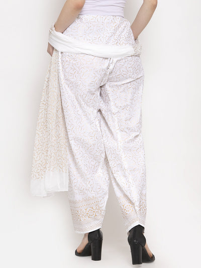 White printed salwar dupatta set made from cotton fabric.