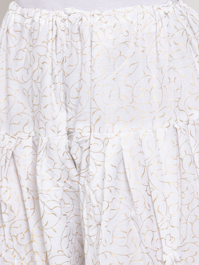 White printed salwar with intricate designs and dupatta set in cotton fabric.