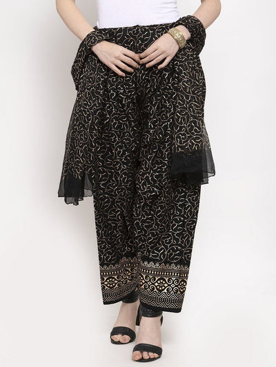 Black printed salwar dupatta set in cotton fabric with intricate patterns.