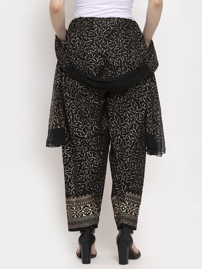 Black printed salwar dupatta set made from cotton fabric.