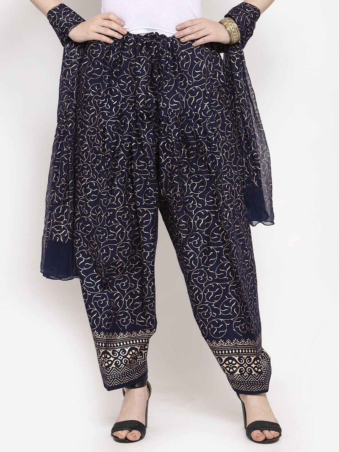 Navy blue printed salwar and dupatta set made from cotton fabric.