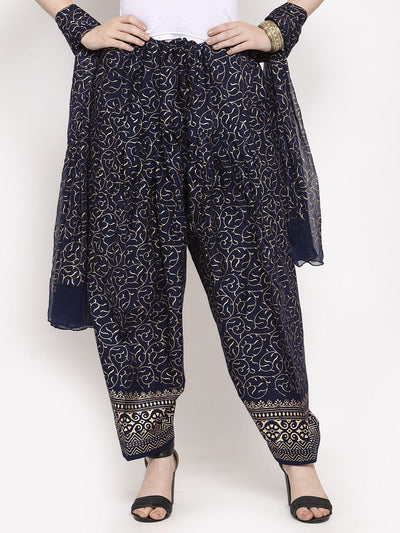Navy blue printed salwar and dupatta set made from cotton fabric.