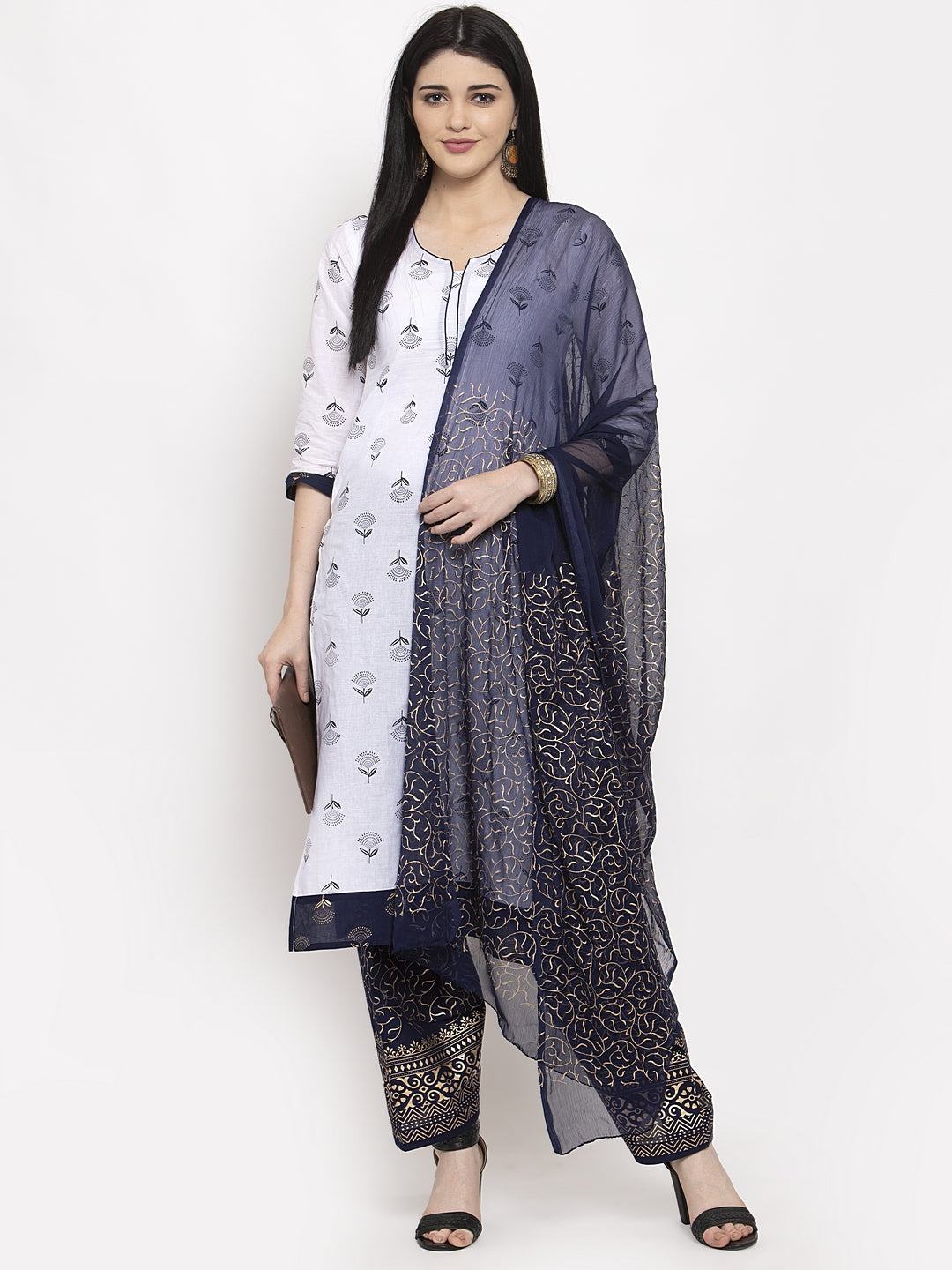 Navy blue printed salwar dupatta set in cotton fabric with stylish design.