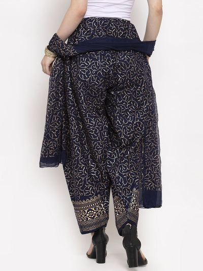 Navy blue printed salwar dupatta set with intricate patterns, made of cotton.