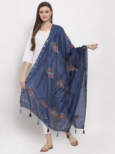 Clora Navy Blue Printed Silk Dupatta