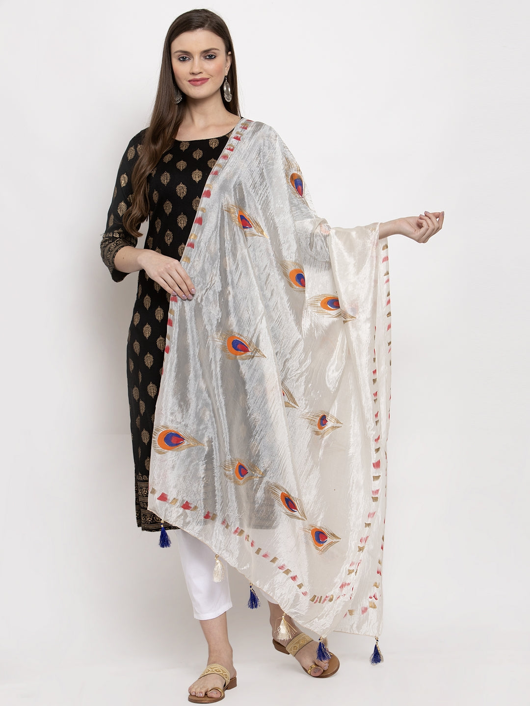 Clora Off-White Printed Silk Dupatta