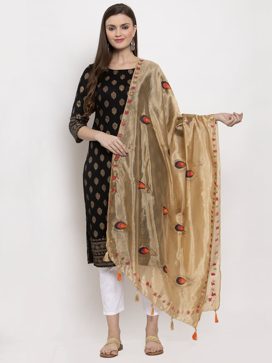 Clora Beige Printed Silk Dupatta