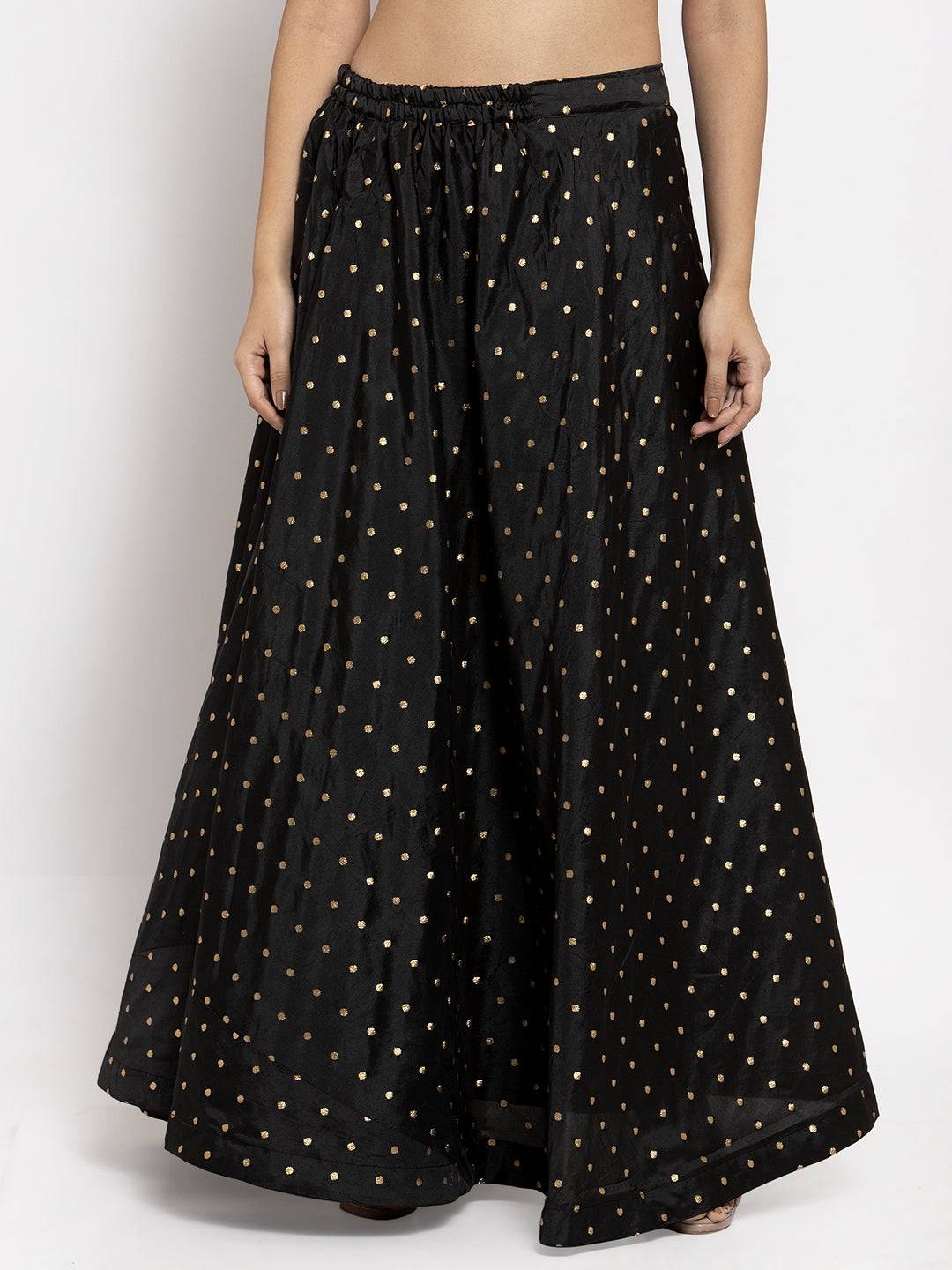 Black & gold-coloured self-design flared maxi skirt with elastic waistband.