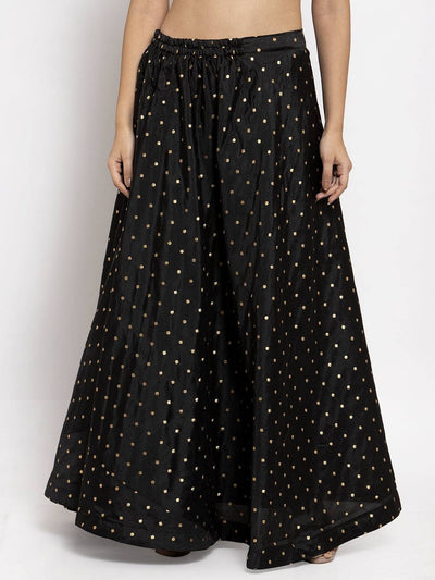 Black & gold-coloured self-design flared maxi skirt with elastic waistband.