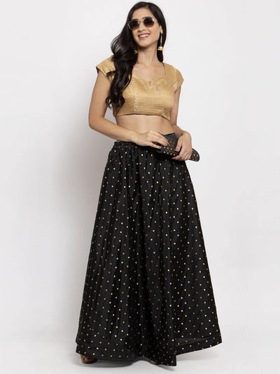 Black and gold-coloured self-design flared maxi skirt with elasticated waistband and drawstring.