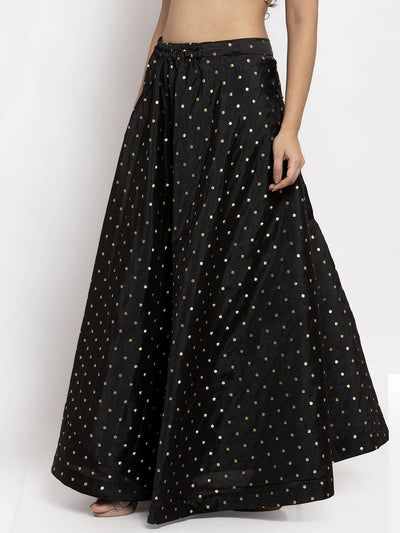 Black & gold-coloured self-design flared maxi skirt with elasticated waistband and drawstring.