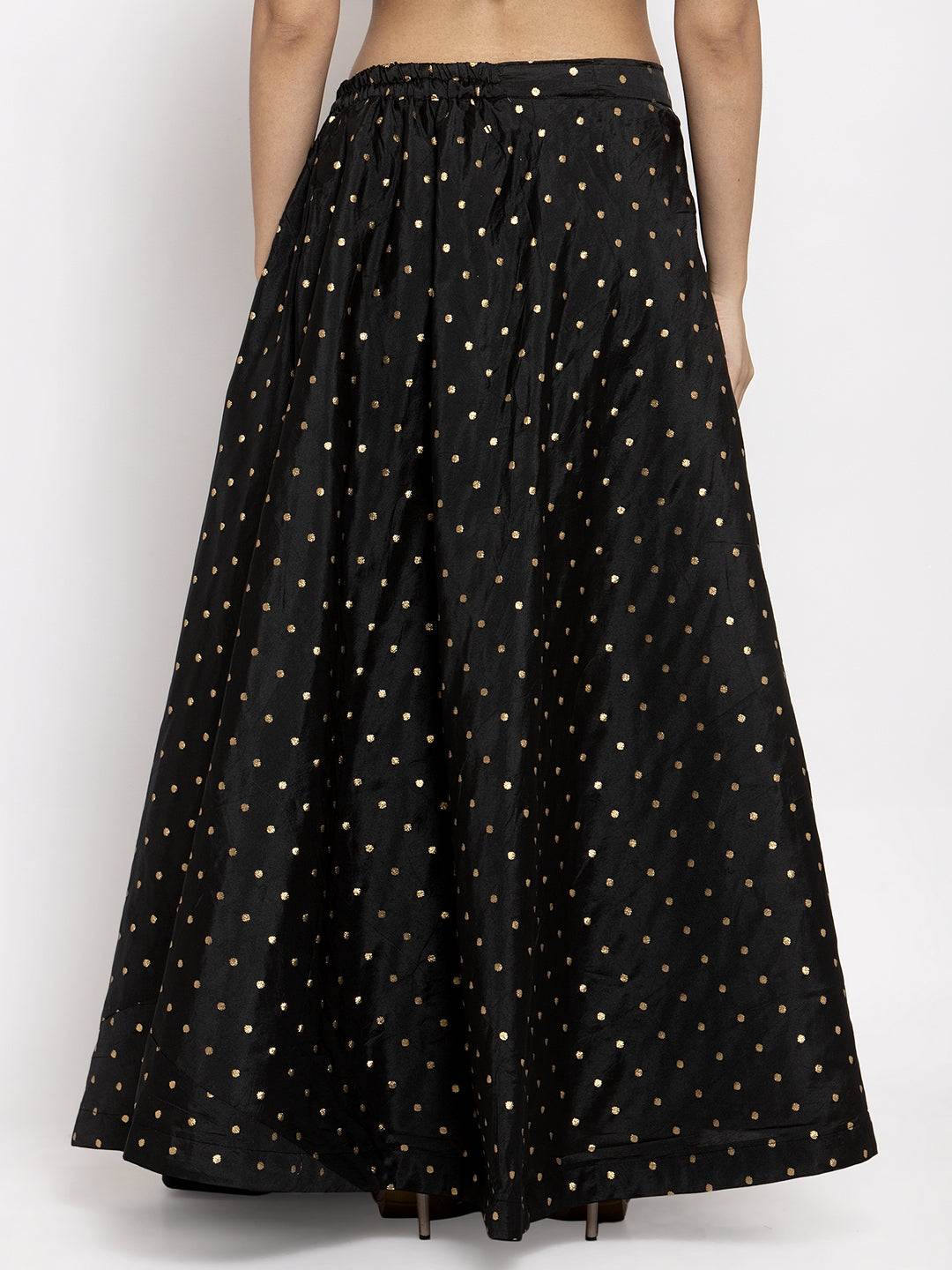 Black and gold-coloured self-design flared maxi skirt with elastic waistband.