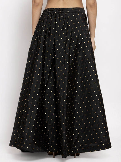 Black and gold-coloured self-design flared maxi skirt with elastic waistband.