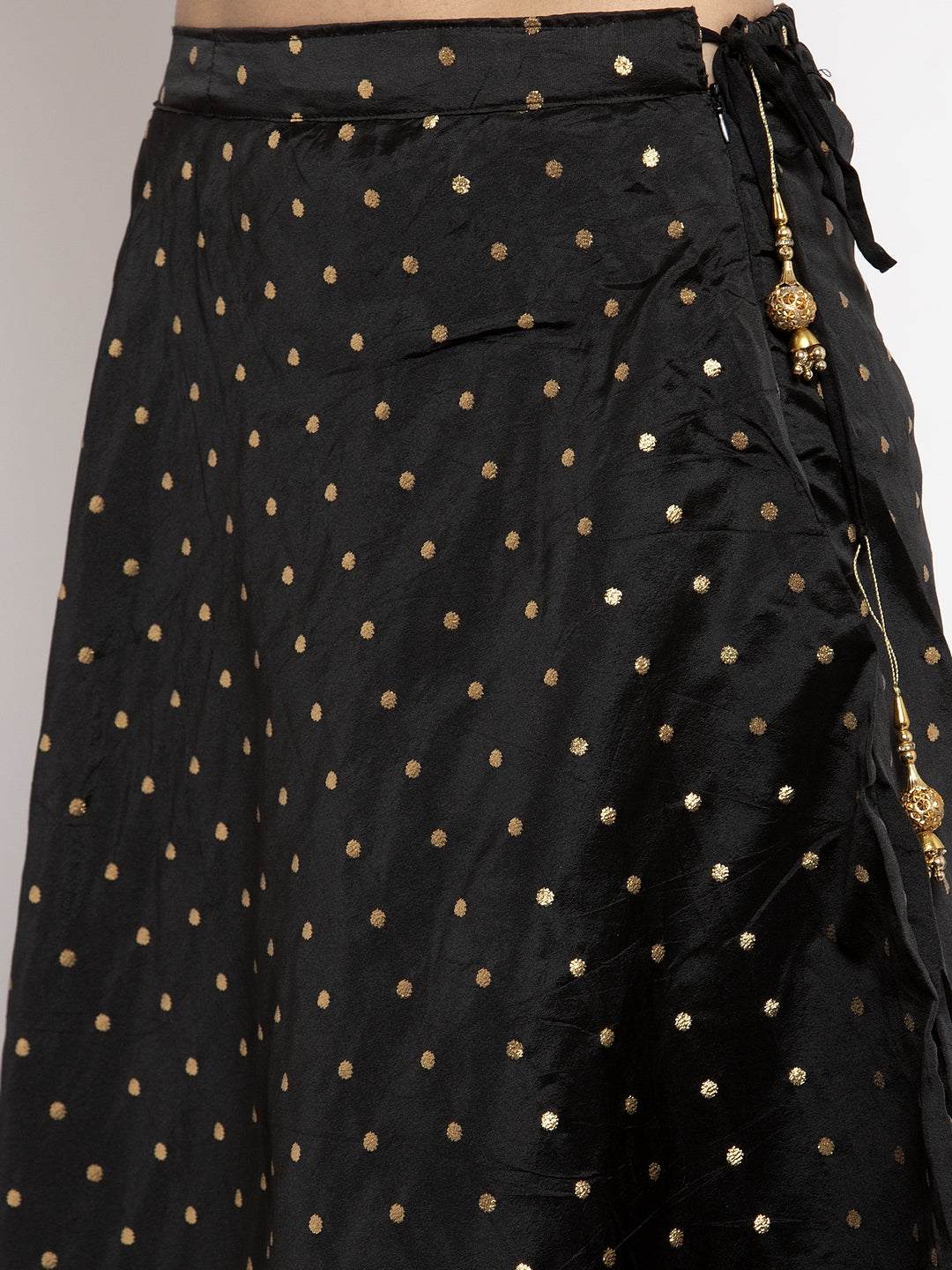 Black & gold-coloured self-design flared maxi skirt with polka dots and drawstring.