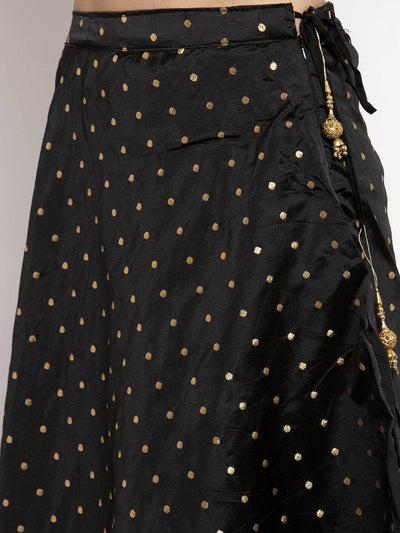 Black & gold-coloured self-design flared maxi skirt with polka dots and drawstring.