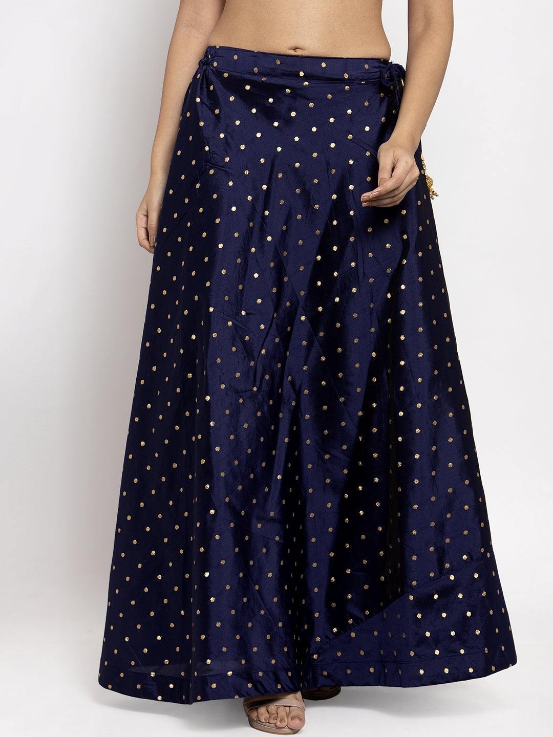 Navy blue and gold-coloured self-design flared maxi skirt with elasticated waistband.