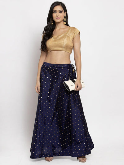 Navy blue and gold-coloured flared maxi skirt with self-design, elasticated waistband, and drawstring.