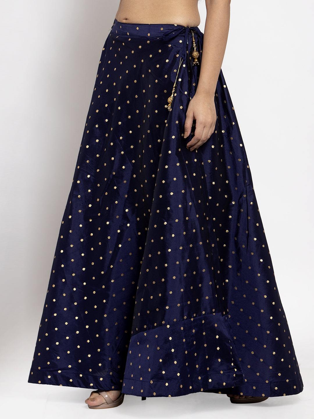 Navy Blue & Gold-Coloured self-design flared maxi skirt with elasticated waistband and drawstring.