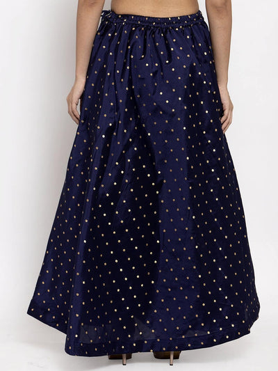 Navy blue and gold-colored self-design flared maxi skirt with elastic waistband and drawstring.