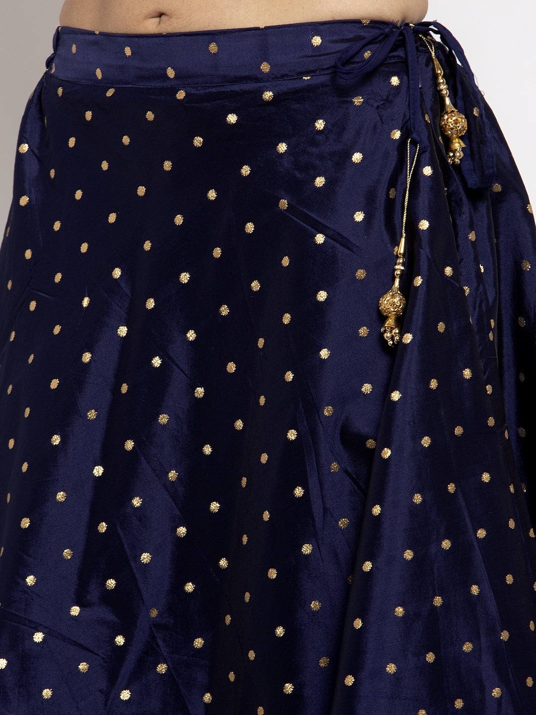 Navy blue and gold-coloured flared maxi skirt with polka dot design and drawstring.