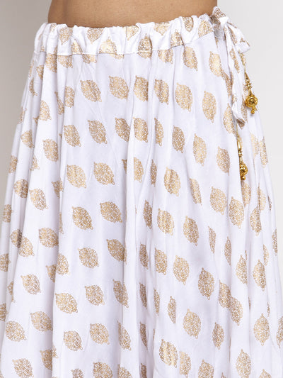 White printed rayon skirt with elastic waistband and drawstring.