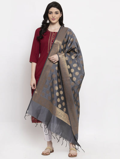 Grey & Gold Banarsi Silk Dupatta with ethnic design styled with a kurta palazzo set.