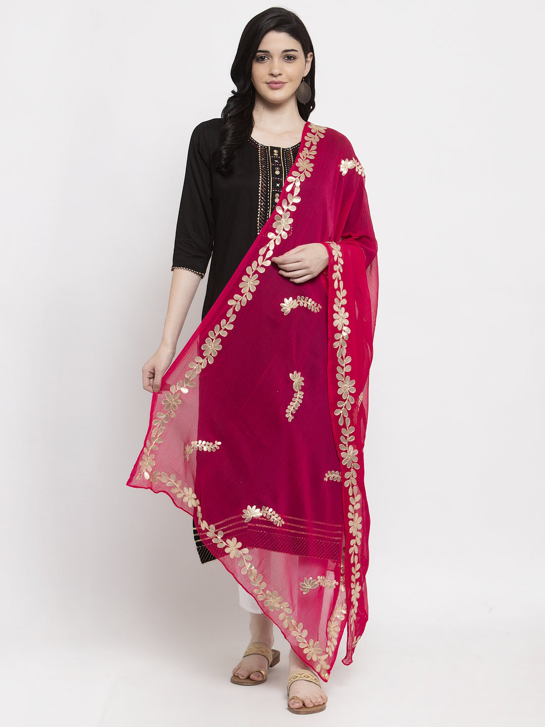 Magenta chiffon dupatta with Gotta Patti embroidery designed by Clora Creation.