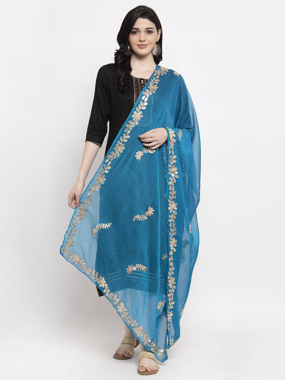Turquoise Gotta Patti Chiffon Dupatta styled with ethnic attire.