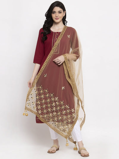 Golden Heavy Mirror Work Net Dupatta with ethnic design from Clora Creation.