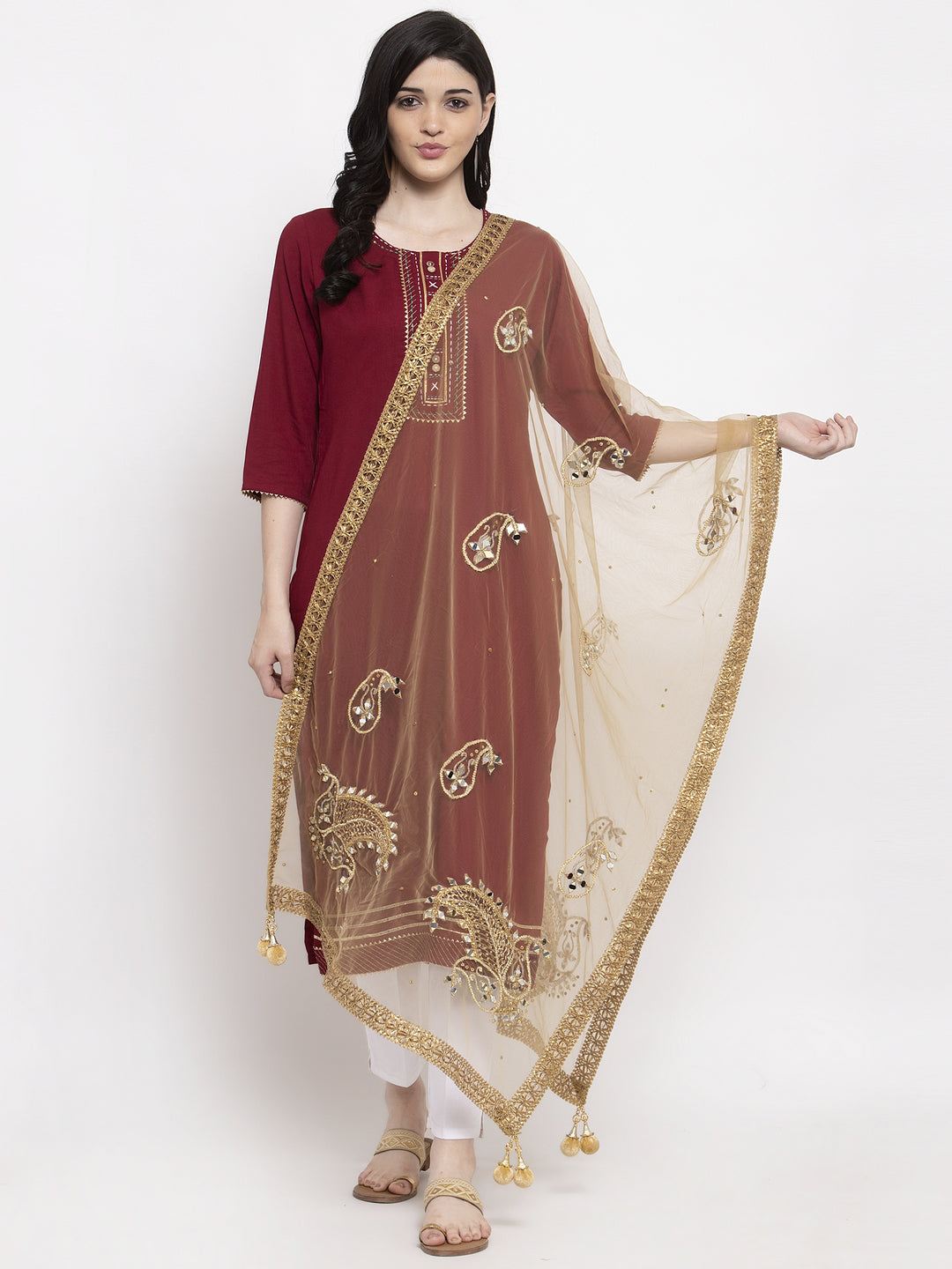Golden Heavy Mirror Work Net Dupatta