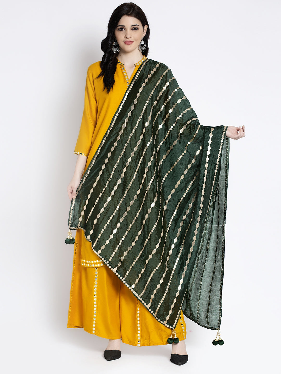 Bottle Green Gotta Patti Silk Dupatta styled with ethnic outfit.
