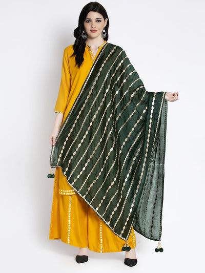 Bottle Green Gotta Patti Silk Dupatta styled with ethnic outfit.