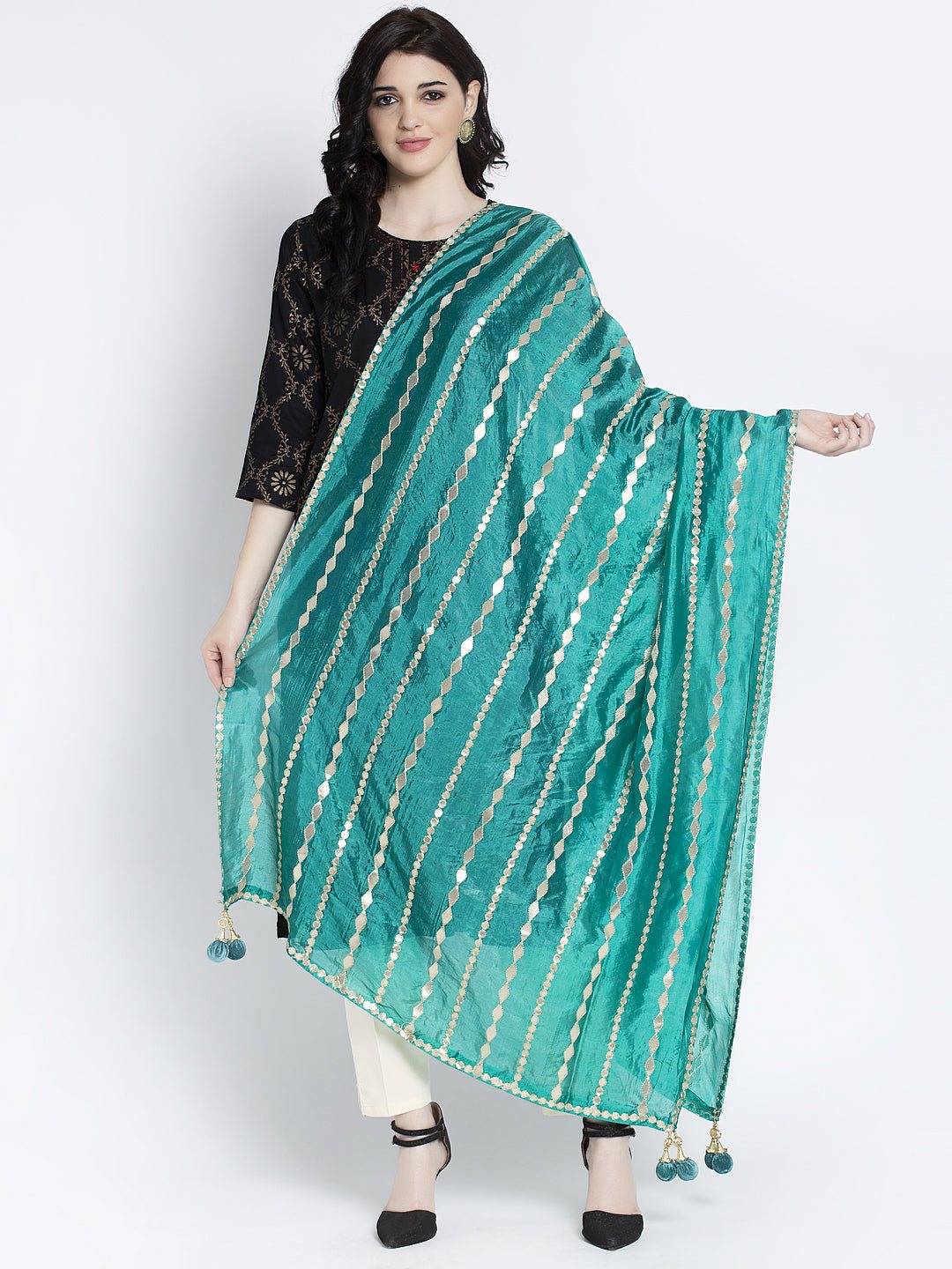 Clora Golden Heavy Mirror Work Net Dupatta