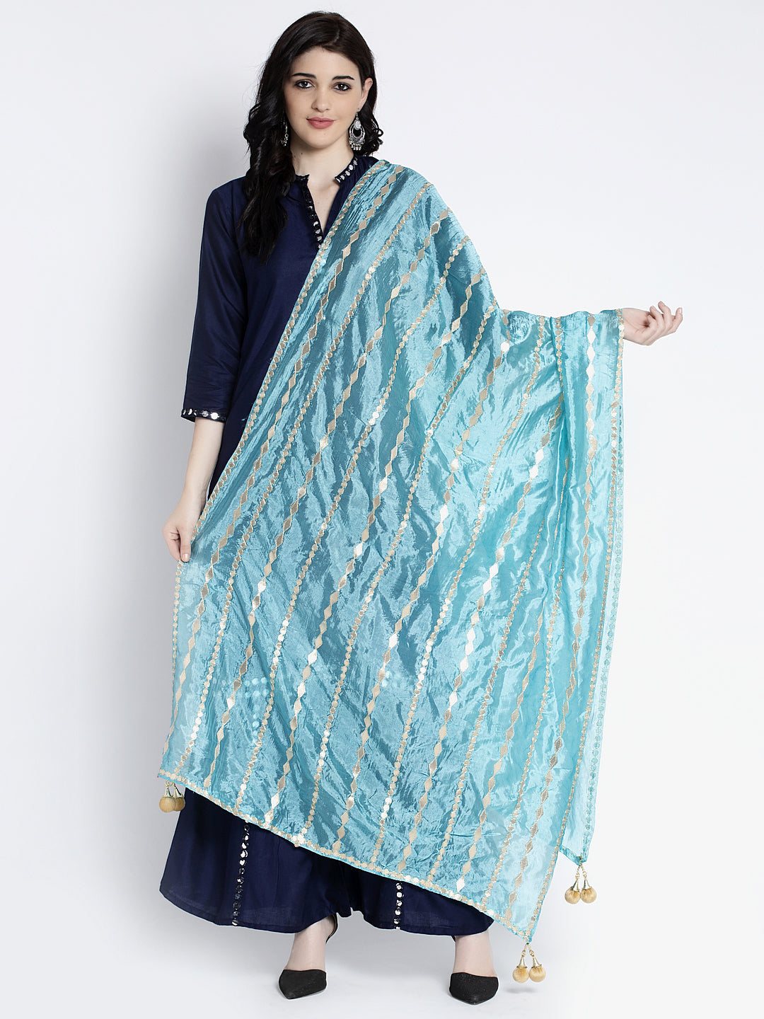 Sky Blue Gotta Patti Silk Dupatta with ethnic design.