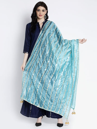 Sky Blue Gotta Patti Silk Dupatta with ethnic design.