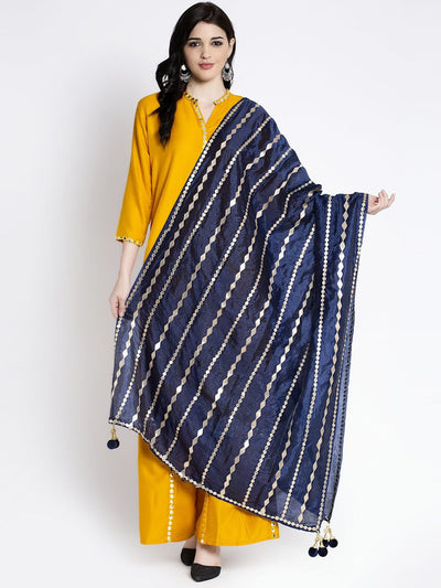 Navy Blue Gotta Patti Silk Dupatta styled with kurta palazzo set.