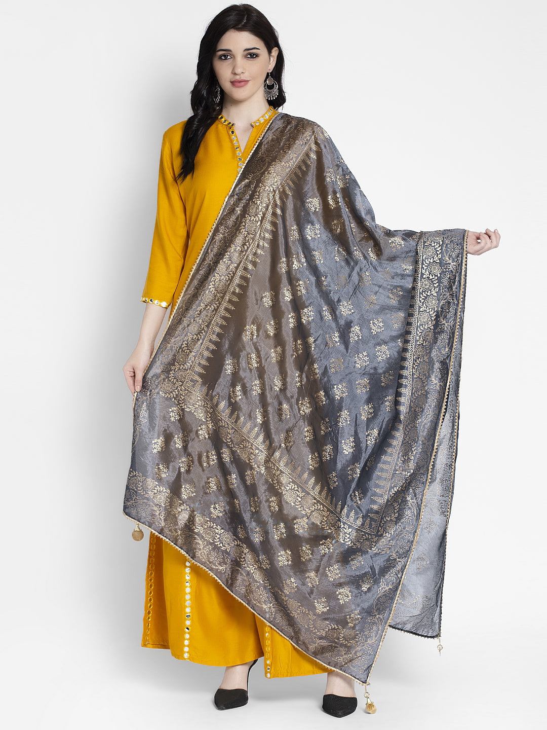 Clora Golden Heavy Mirror Work Net Dupatta