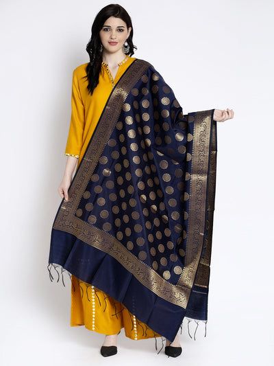 Navy blue and gold Banarsi silk dupatta with intricate patterns styled with ethnic attire.