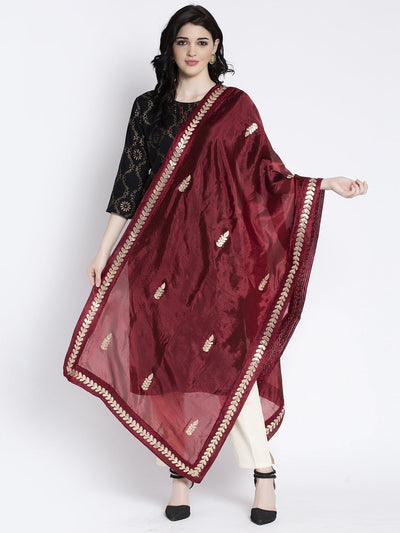 Maroon Gotta Patti Silk Dupatta styled with ethnic attire.