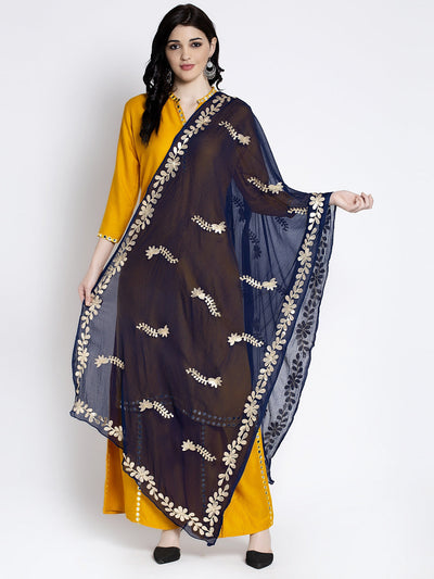 Navy Blue Gotta Patti Chiffon Dupatta with ethnic floral design.