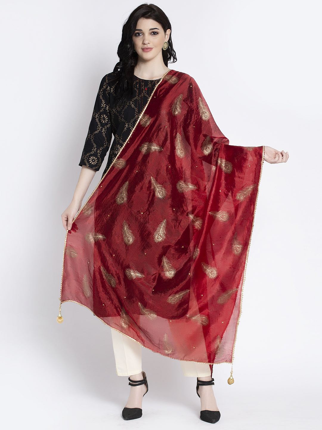 Clora Golden Heavy Mirror Work Net Dupatta