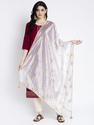 White printed silk dupatta exemplifying ethnic elegance.