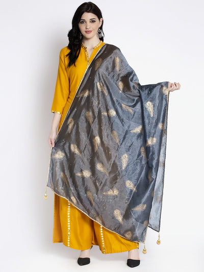 Grey printed silk dupatta paired with a yellow kurta set.